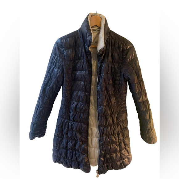 Laundry by Shelli Segal Reversible Blue Silver Down Fitted Puffer Coat Small - Picture 1 of 16